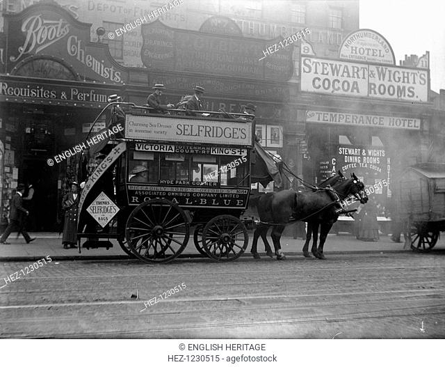Euston Road, Camden, London, 1912. View of the 'Royal Blue' horse omnibus in front of nos 5 - 7 Euston Road, Camden, London, 1912