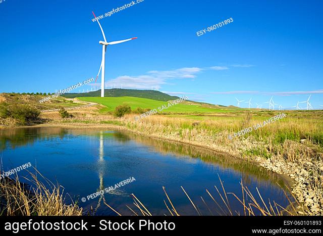 Wind turbines for electric power production, Zaragoza Province, Aragon in Spain