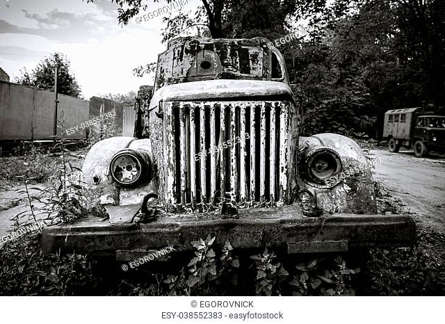 Old abandoned truck. Black and white scene