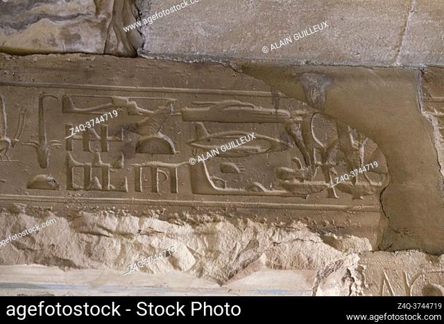 Egypt, temple of Sethy 1 in Abydos, strange carved hieroglyphs, called ""Abydos helicopter"", sometimes seen as a proof that aliens met Ancient Egyptians