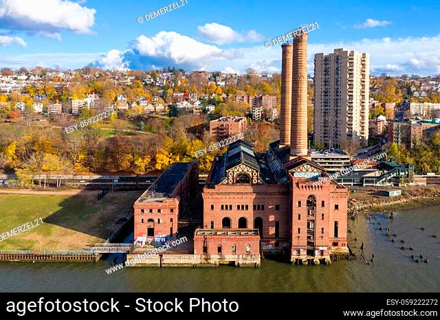 The abandoned Glenwood Power Plant in Yonkers, New York designed in the Romanesque-Revival style. It was built at Glenwood-on-the-Hudson between 1904 and 1906