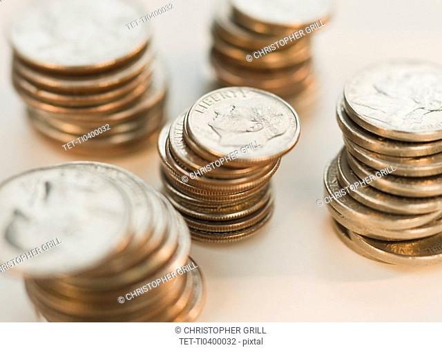 Close up of stacks of coins