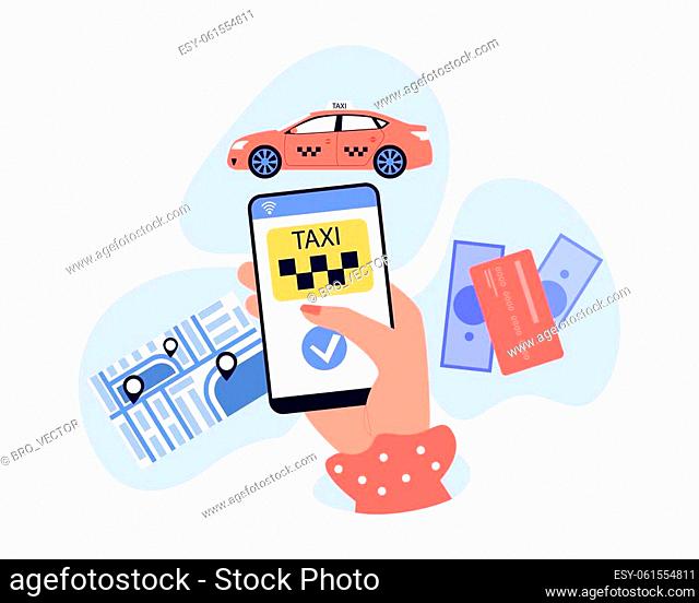 Female hand holding smartphone with taxi mobile app. Person ordering cab, map with location pins, payment methods flat vector illustration