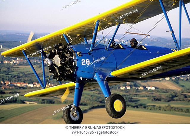 Old american trainer biplane aircraft Boeing PT-17 Kaydet / Stearman model 75 with Continental radial engine - France
