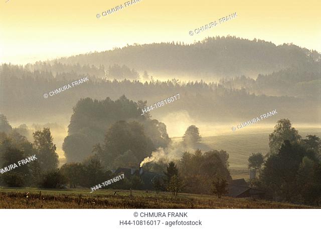 Czech Republic, Southern Bohemia, Sunrise, Over, Misty, Landscape, Bohemia, Calm, Calmness, Color, Colour, Czech Repub
