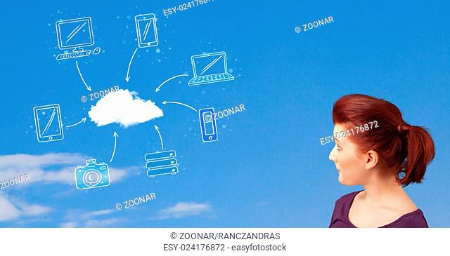 Casual girl looking at cloud computing concept on blue sky