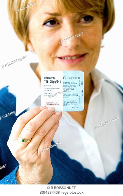 HORMONE REPLACEMENT THERAPY Model. Hormone replacement therapy HRT : transdermal patch containing oestradiol estrogen