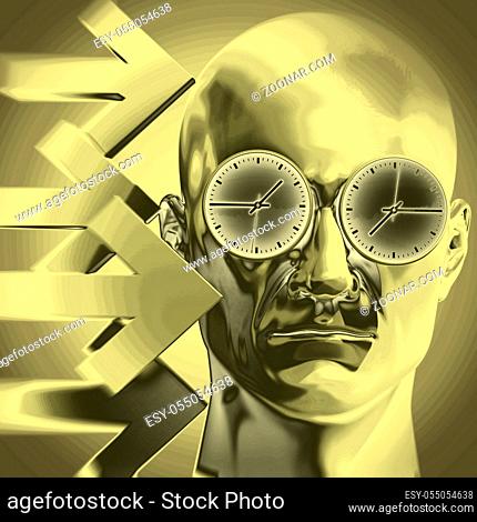 Time Concept 3D Illustration: Human Head and Time, Business Punctuality, Appointment Stress, Deadline Pressure, Overtime, Time is Running Up, Timing