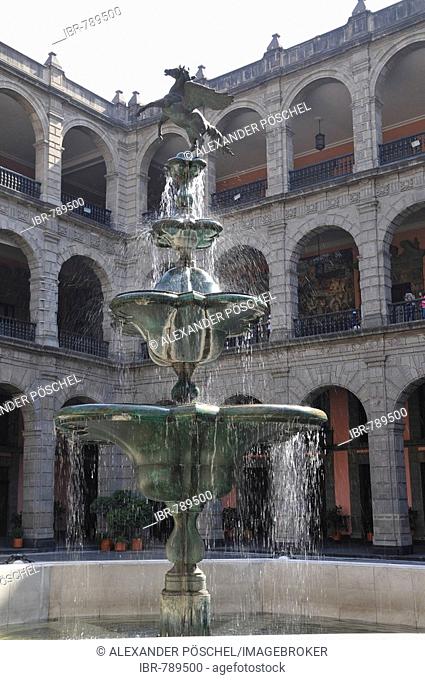 Fountain in the courtyard of the Palacio Nacional Palace, Zocalo, Mexico City, Mexico, Central America