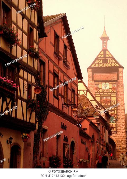 France, Europe, Alsace, Riquewihr, Haut-Rhin, L'Alsace Wine Region, Route du Vin, downtown, half-timbered buildings, fog