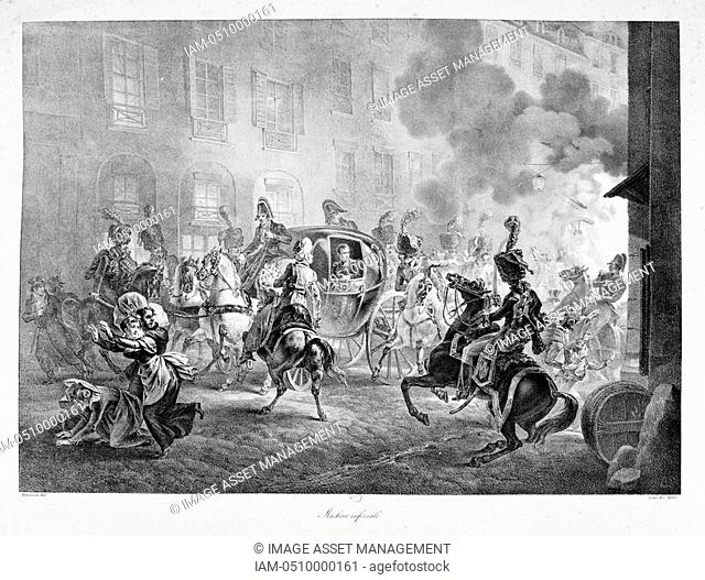 Attempt on the life of Napoleon Bonaparte, Paris, 24 December 1800. Napoleon in his coach passed unharmed but many were wounded and numerous houses destroyed by...