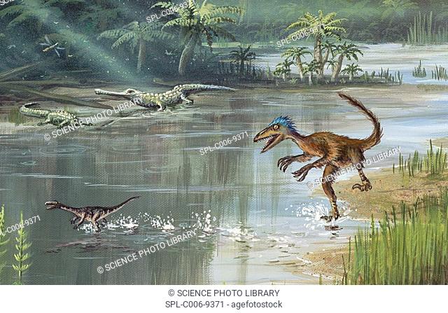 Jurassic life. Computer artwork of a forest with prehistoric creatures that existed during the Jurassic Period 200 to 145 million years ago in what is now North...