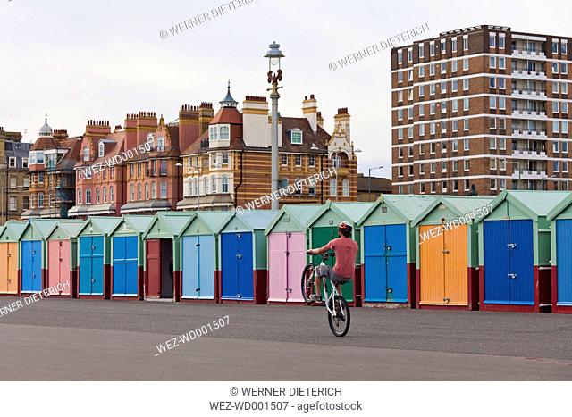 England, Sussex, Brighton, Coloured bathing huts at seafront