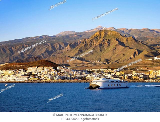 Ferry in Los Cristianos, the volcano Teide in the back, Tenerife, Canary Islands, Spain