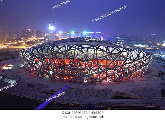 China, Asia, Beijing, Peking, April 2008, National stadium, 2008 Summer Olympics, bird nest, Herzog and de Meuron, arc