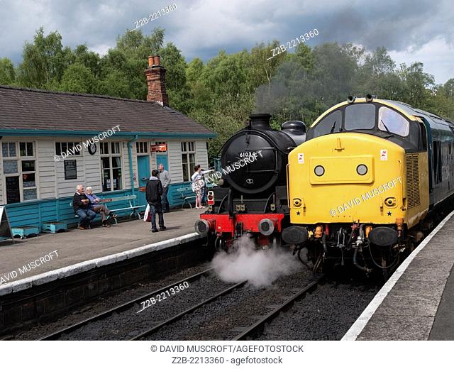 Vintage steam and diesel engines or locomotives at Grosmont station, North Yorkshire Moors Railway, on the North Yorkshire Moors, Yorkshire, UK