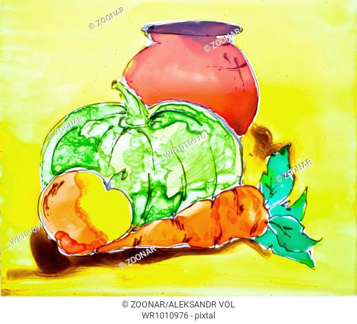 Carrots, pumpkin, apple and jug are drawn on glass by translucent paints