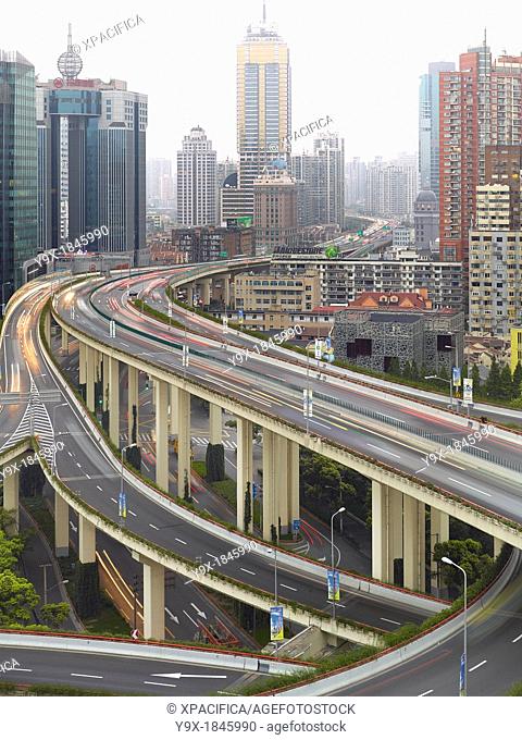 A view of the six-level stack interchange highway in Puxi, Shanghai, China