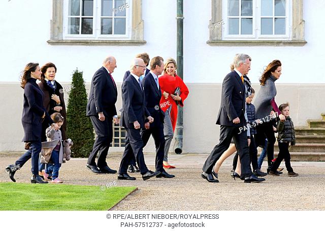 Royals guests and grandchildren of the Queen attend the wake up call for the 75th birthday of Queen Margrethe (in the window) at Fredensborg, Denmark