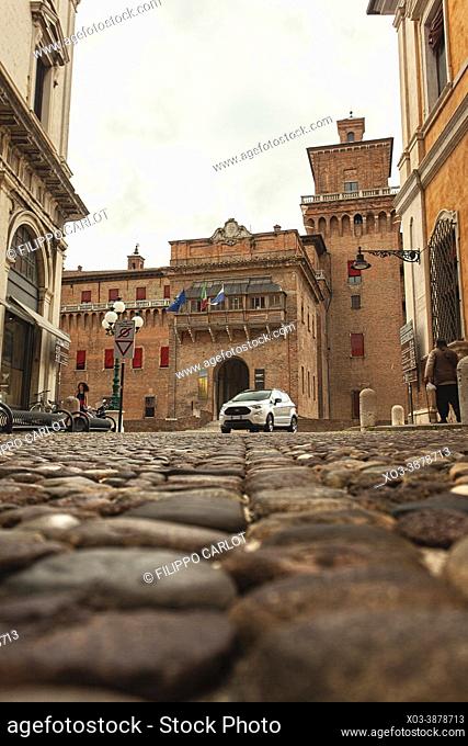 FERRARA, ITALY: View of the castle of Ferrara from the street in front of it