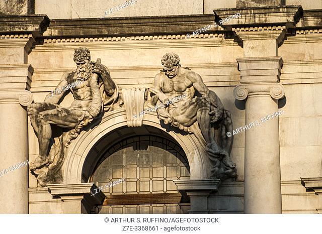Sculptures on façade of Angelo Mai Civic Library (Biblioteca Civica Angelo Mai), Palazzo Nuovo di Bergamo. Piazza Vecchia (Old Square), Upper Town (CittÃ  Alta)