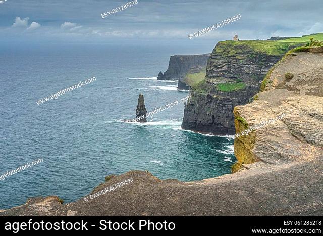 Sea stack next to Obrians Tower on iconic Cliffs of Moher, popular tourist attraction, Wild Atlantic Way, Co. Clare, Ireland