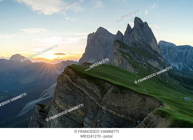 Seceda mountain at sunrise in Italy, Europe