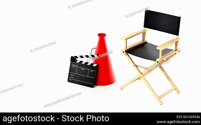 Clapboard and director's megaphone standing next to director's chair. 3D illustration