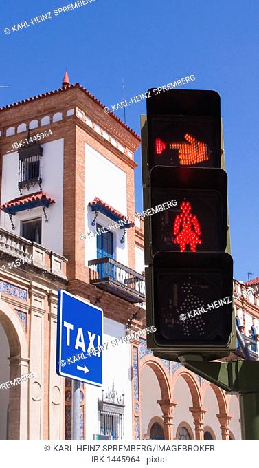 Traffic lights for pedestrians at the central station of the Spanish town Vejer, Spain, Europe