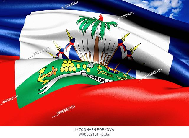 Flag of Haiti against cloudy sky. Close up