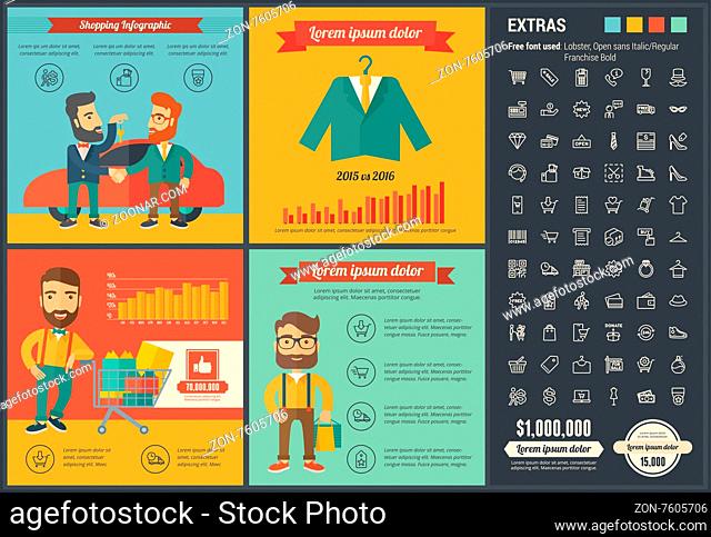 Shopping infographic template and elements. The template includes illustrations of hipster men and huge awesome set of thin line icons