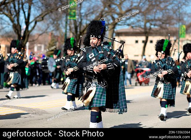 Chicago, Illinois, USA - March 11, 2018, The South Side Irish Parade is a cultural and religious celebration from Ireland in honor of Saint Patrick
