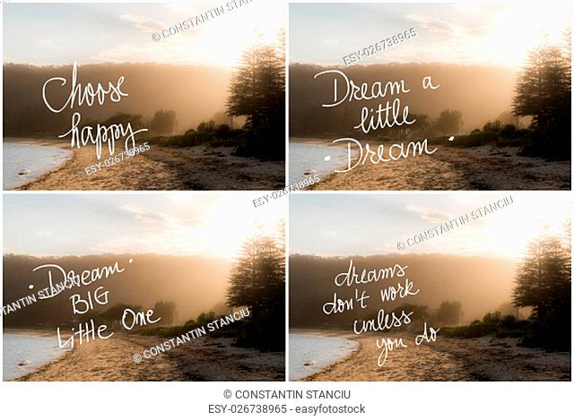 Photo Collage of Handwritten motivational texts over sunset calm sunny beach background with vintage filter applied