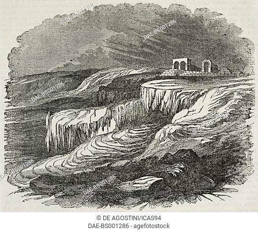 Limestone terraces in Pamukkale, Turkey, illustration from Teatro universale, Raccolta enciclopedica e scenografica, No 246, March 23, 1839