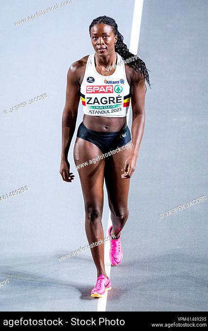 Belgian athlete Anne Zagre pictured after the women's 60m hurdles heats at the 37th edition of the European Athletics Indoor Championships, in Istanbul