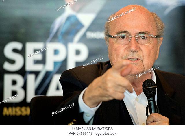 Former Fifa President Sepp Blatter gestures during a presentation of the book: Sepp Blatter: Mission and Passion Football, in Zurich, Switzerland, 21 April 2016