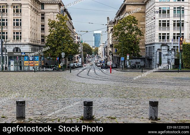 Brussels business district, Brussels Capital Region - Belgium - 10 30 2019 View over the rue de la regence and the Poelaert square with the traffic and tramway...