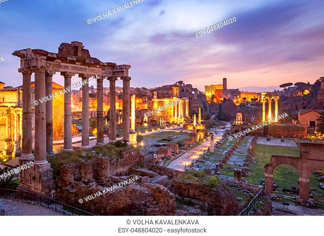 Ancient ruins of a Roman Forum or Foro Romano at sunsrise in Rome, Italy. View from Capitoline Hill
