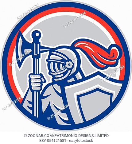 Illustration of knight in full armor holding a battle axe looking to side set inside circle done in retro woodcut style on isolated background