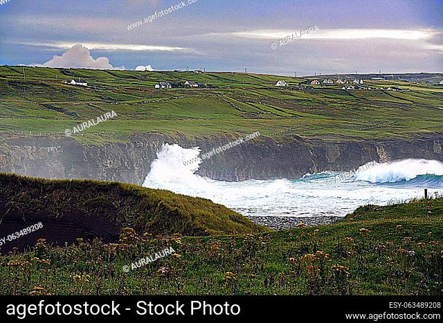 spectacular waves on the coastline of Doolin, Burren, County Clare of Ireland