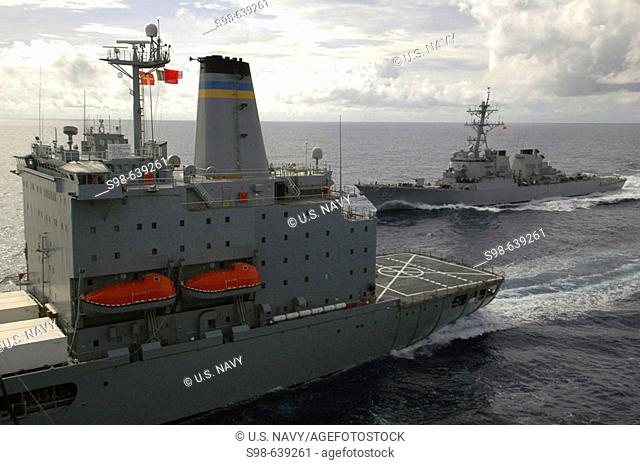 PACIFIC OCEAN (July 29, 2007) - The guided-missile destroyer USS Stethem (DDG 63) pulls alongside the Military Sealift Command Fleet replenishment oiler USNS...