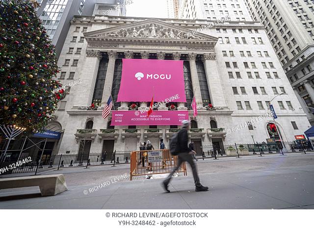 The New York Stock Exchange is decorated on Thursday, December 6, 2018 for the first day of trading for the Chinese fashion and cosmetics e-commerce site Mogu