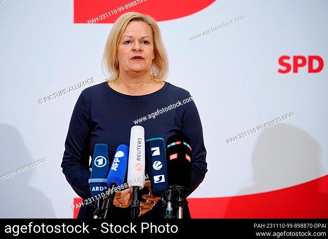 10 November 2023, Berlin: Nancy Faeser (SPD), Federal Minister of the Interior and Home Affairs and State Chair of the SPD in Hesse