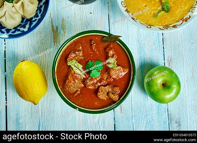 Kolhapuri tambda rassa, Red Mutton Curry, Maharashtrian national cuisine, Traditional assorted Asia dishes, Top view