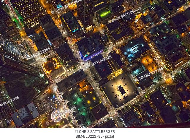 Aerial view of Los Angeles cityscape lit up at night, California, United States