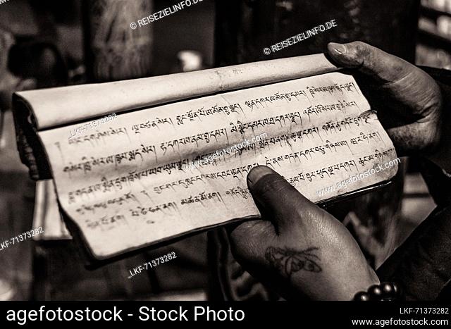 A monk in Tibet holds handwritten text for recitation in a monastery