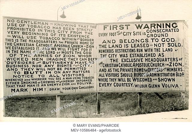 Signs at the border of the city of Zion, Illinois, USA. The city was founded in July 1901 by John Alexander Dowie, an eccentric Scottish priest who founded the...