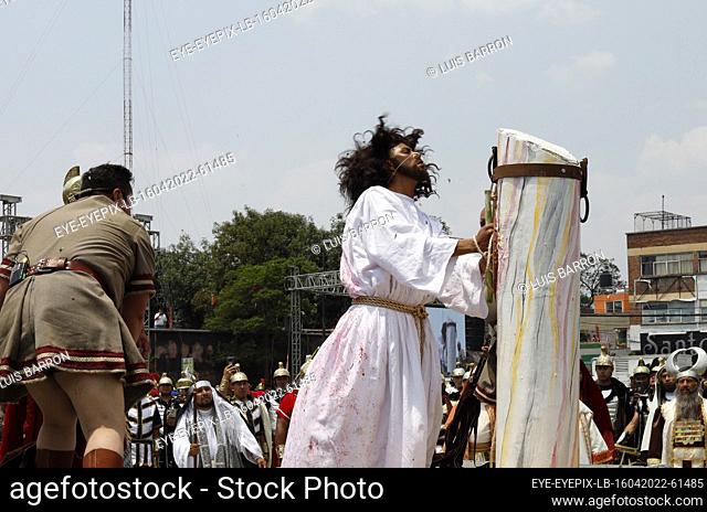 MEXICO CITY, MEXICO - APR 15, 2022: Axel Gonzalez that stands for Jesus Christ takes part during the ""Good Friday"" in the 179th representation of the Passion...