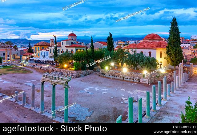 Roman Agora in the old town of Athens at twilight, Greece