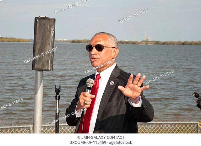 At the Banana River Creek VIP viewing area at NASA's Kennedy Space Center in Florida, NASA Administrator Charlie Bolden addresses the spectators attending space...